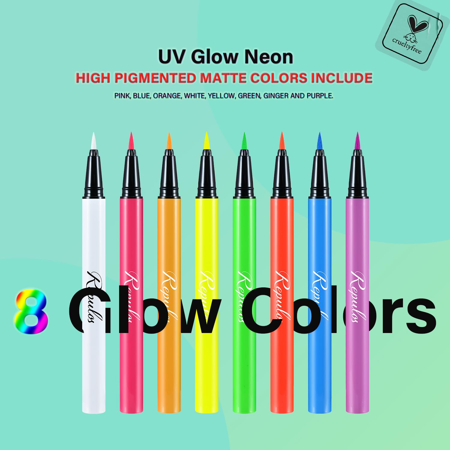 REPULOS 8 Colors Neon Liquid Eyeliner Set, Rainbow UV Glow Neon Makeup Graphic Eyeliners, High Pigmented, Waterproof Smudge-Proof and Long-Lasting Matte Colored Eye Makeup Gift Kit