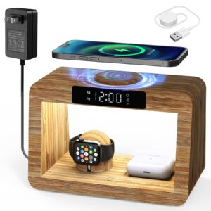 bamboo wireless charging station,wireless charger with digital alarm clock and night light, fast charger stand for iphone 15/14/13/12/11 pro max/x/xs, airpods pro, iwatch series 8/7/6/5/se
