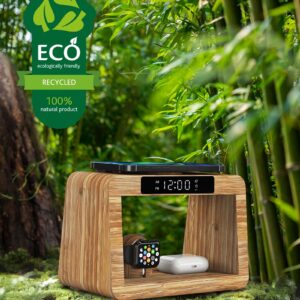 Bamboo Wireless Charging Station,Wireless Charger with Digital Alarm Clock and Night Light, Fast Charger Stand for iPhone 15/14/13/12/11 Pro Max/X/Xs, AirPods Pro, iWatch Series 8/7/6/5/SE