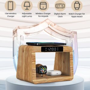 Bamboo Wireless Charging Station,Wireless Charger with Digital Alarm Clock and Night Light, Fast Charger Stand for iPhone 15/14/13/12/11 Pro Max/X/Xs, AirPods Pro, iWatch Series 8/7/6/5/SE