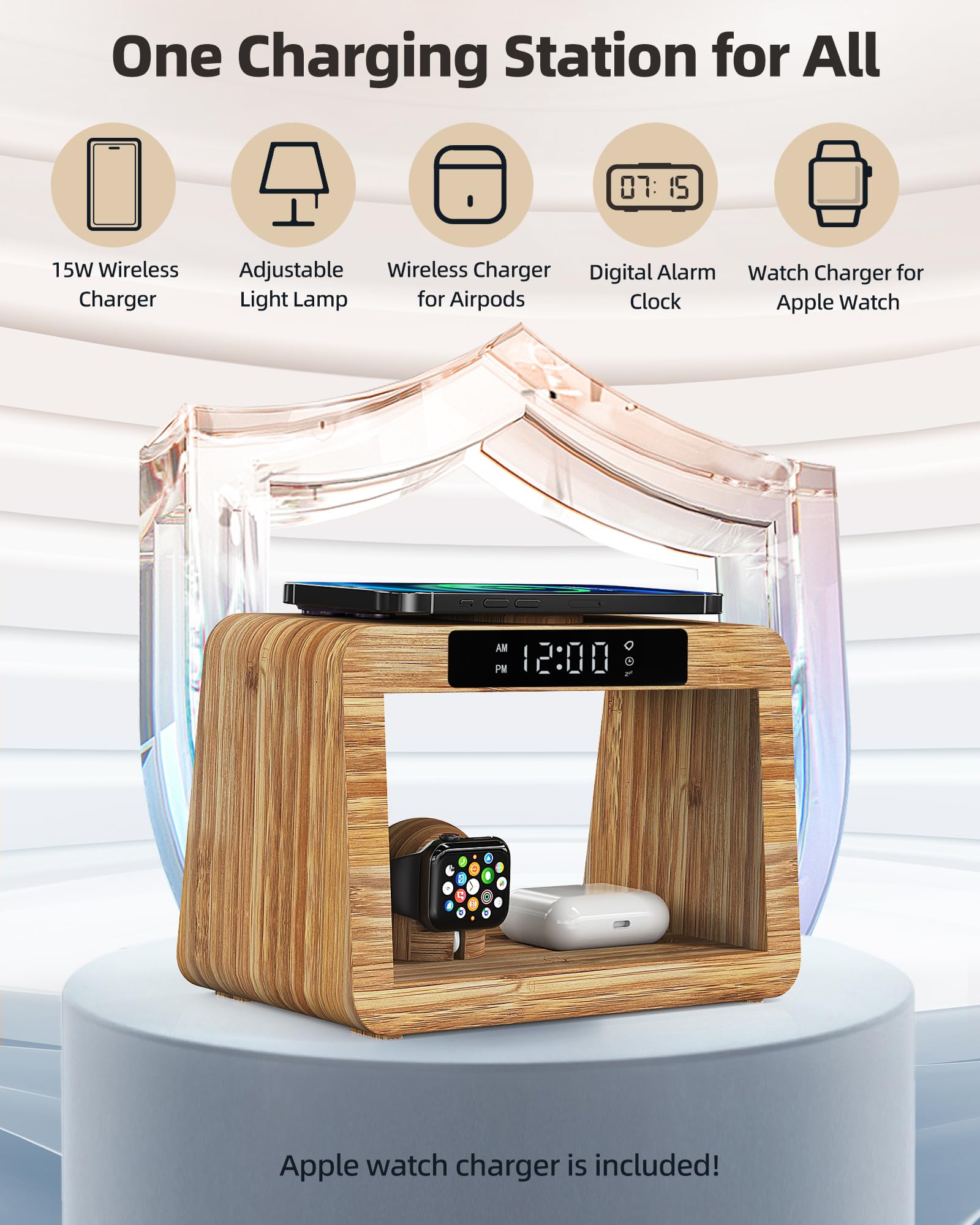 Bamboo Wireless Charging Station,Wireless Charger with Digital Alarm Clock and Night Light, Fast Charger Stand for iPhone 15/14/13/12/11 Pro Max/X/Xs, AirPods Pro, iWatch Series 8/7/6/5/SE