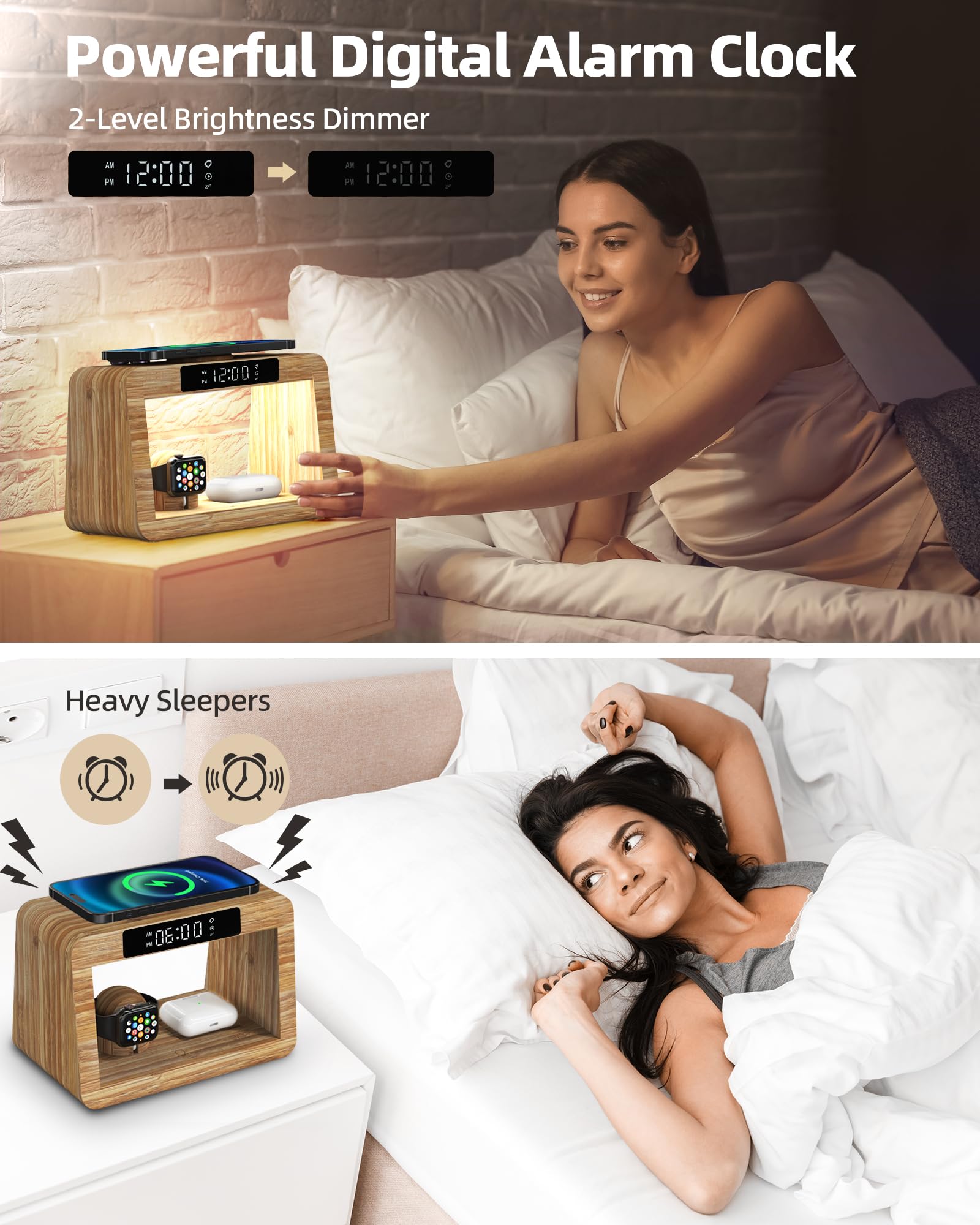 Bamboo Wireless Charging Station,Wireless Charger with Digital Alarm Clock and Night Light, Fast Charger Stand for iPhone 15/14/13/12/11 Pro Max/X/Xs, AirPods Pro, iWatch Series 8/7/6/5/SE