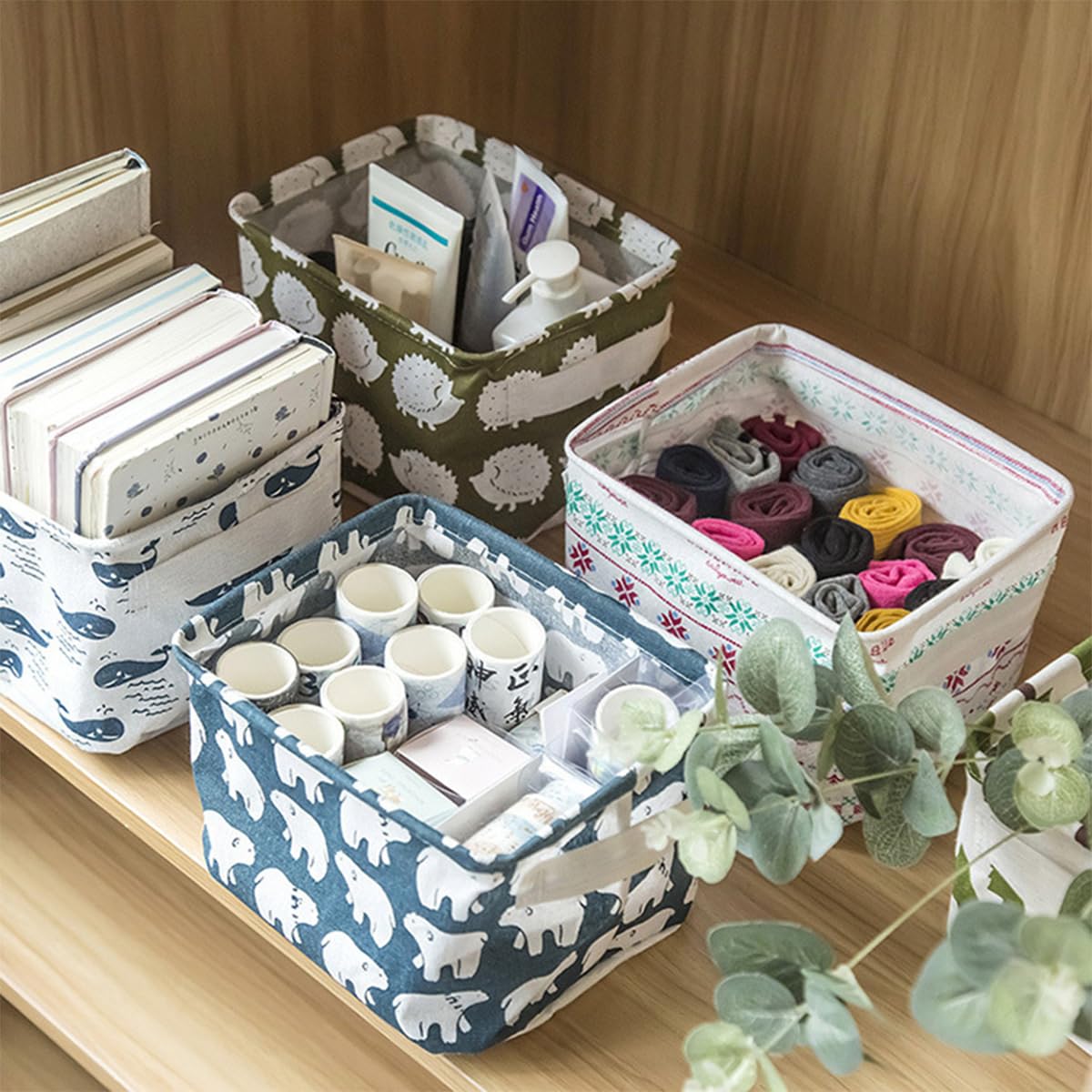 Misgirlot 6Pcs Cute Canvas Storage Basket with Handles Cartoon Storage Box Small Foldable Storage Baskets for Organizing Home Office Baby Pets Sundries(Random style)