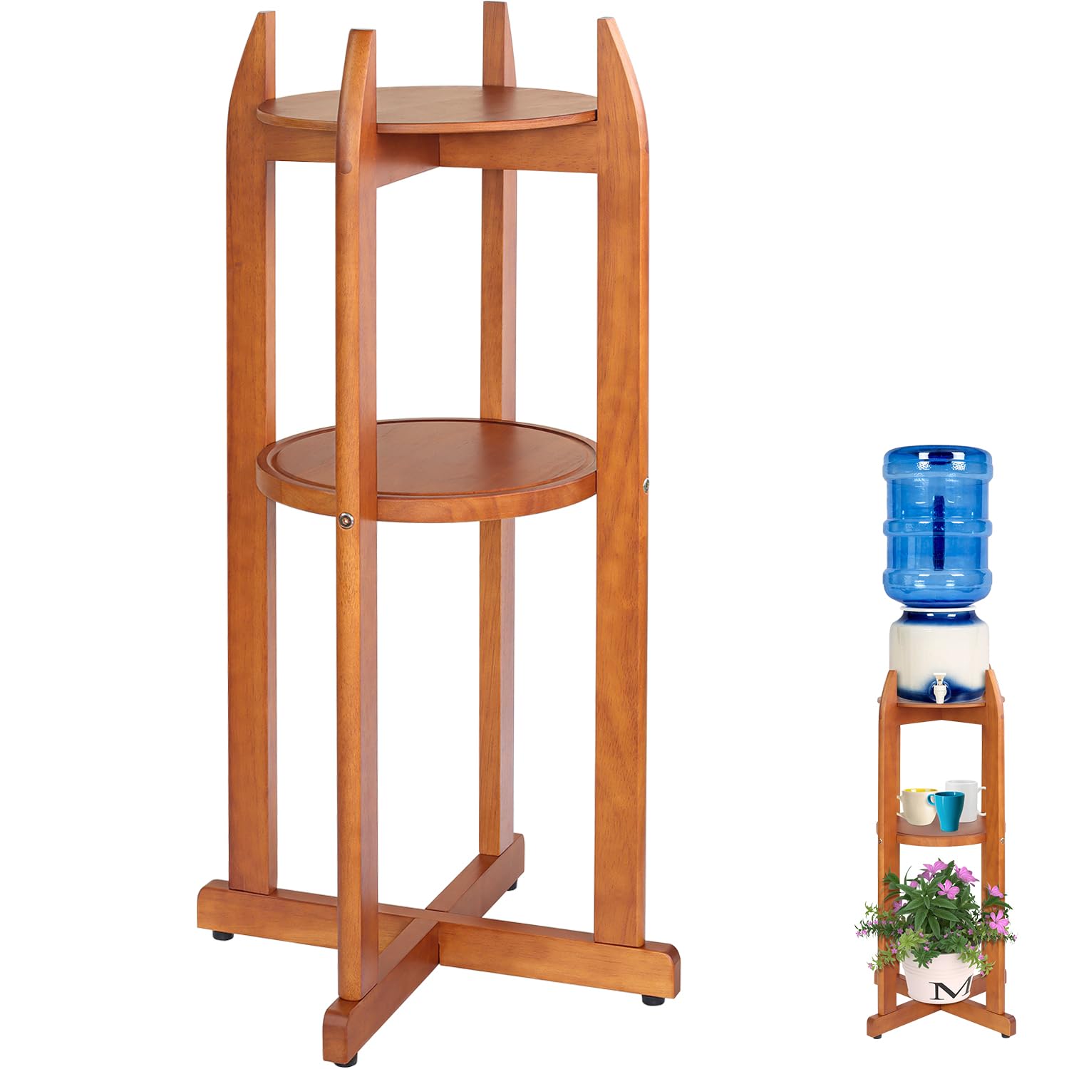 Natural Solid Wood Water Dispenser Floor Stand(32.8" Hight-11.2" Wide) Drink Dispenser Floor Stand with 2 Round Shelfs Included for 1-5 Gallon Water Bottles/Crocks, Water Jug and Plant Stand-Light