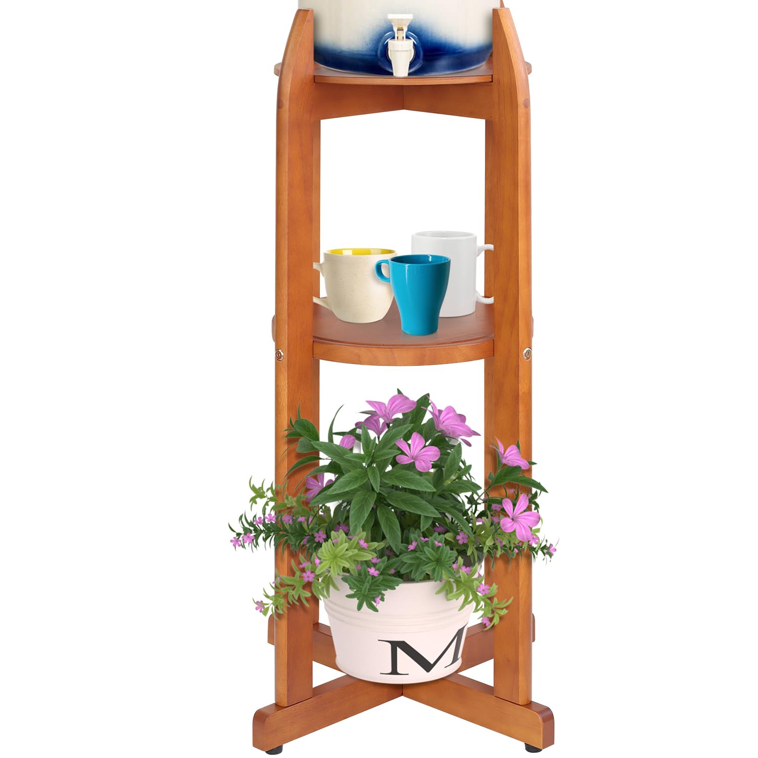 Natural Solid Wood Water Dispenser Floor Stand(32.8" Hight-11.2" Wide) Drink Dispenser Floor Stand with 2 Round Shelfs Included for 1-5 Gallon Water Bottles/Crocks, Water Jug and Plant Stand-Light