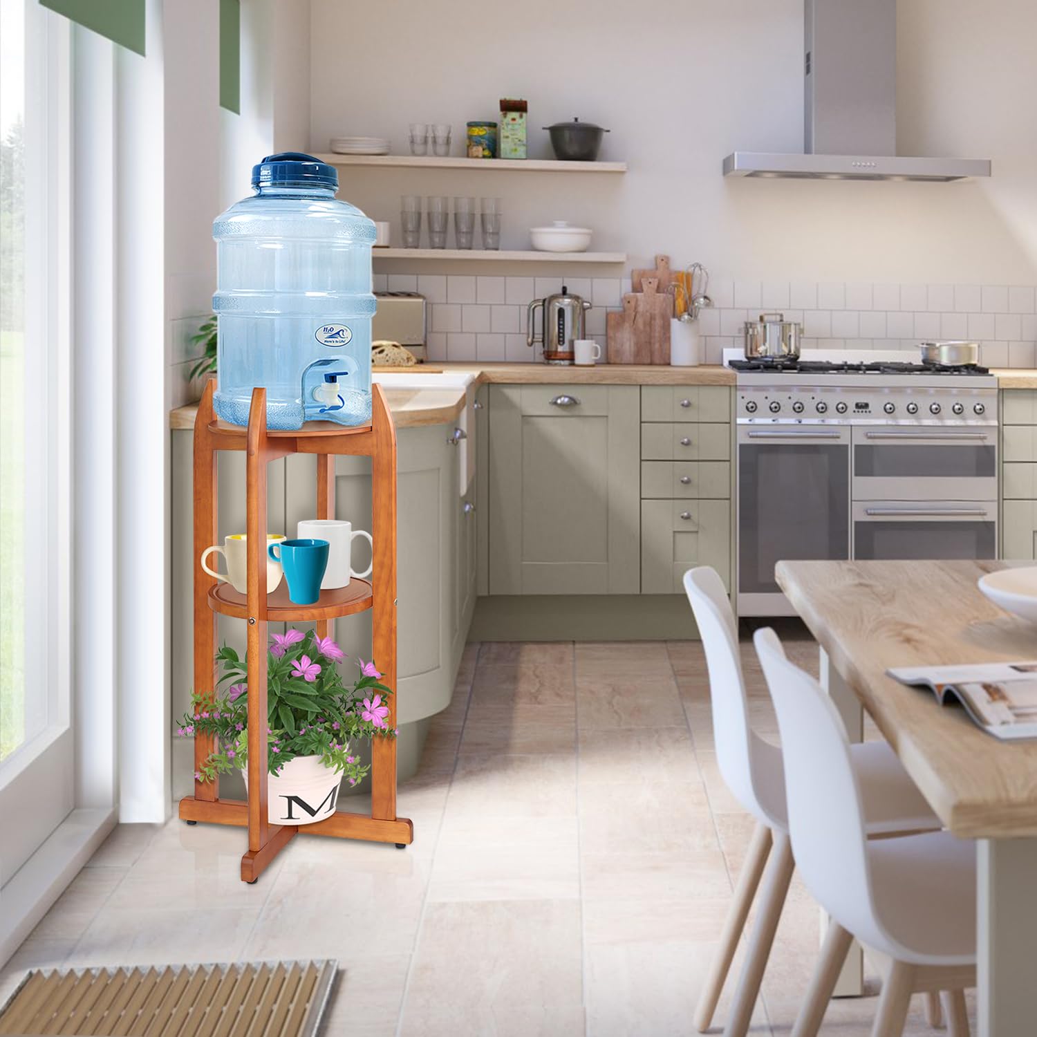 Natural Solid Wood Water Dispenser Floor Stand(32.8" Hight-11.2" Wide) Drink Dispenser Floor Stand with 2 Round Shelfs Included for 1-5 Gallon Water Bottles/Crocks, Water Jug and Plant Stand-Light