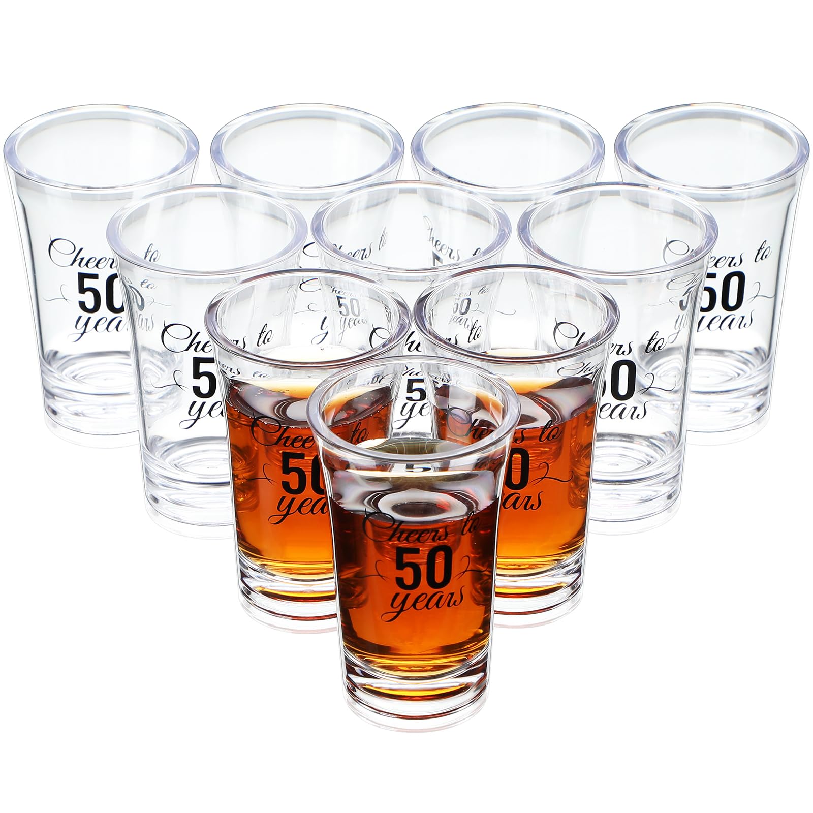 Sliner 48 Pack Birthday Shot Glasses Bulk Unbreakable 1.4oz Cheers to 30/40/50/60/70/80 Years Shot Glass Thick Base Mini Clear Plastic Shot Glass Anniversary Favors for Guests Birthday (for 50 Years)