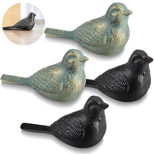 Zonon 4 Pcs Door Stoppers Bird Shaped Vintage Cast Iron Door Stop Cute Door Stoppers for Bottom of Door Rustic Decorative Door Stops for Office Home School Store Door Supplies, Brown, Green Gold