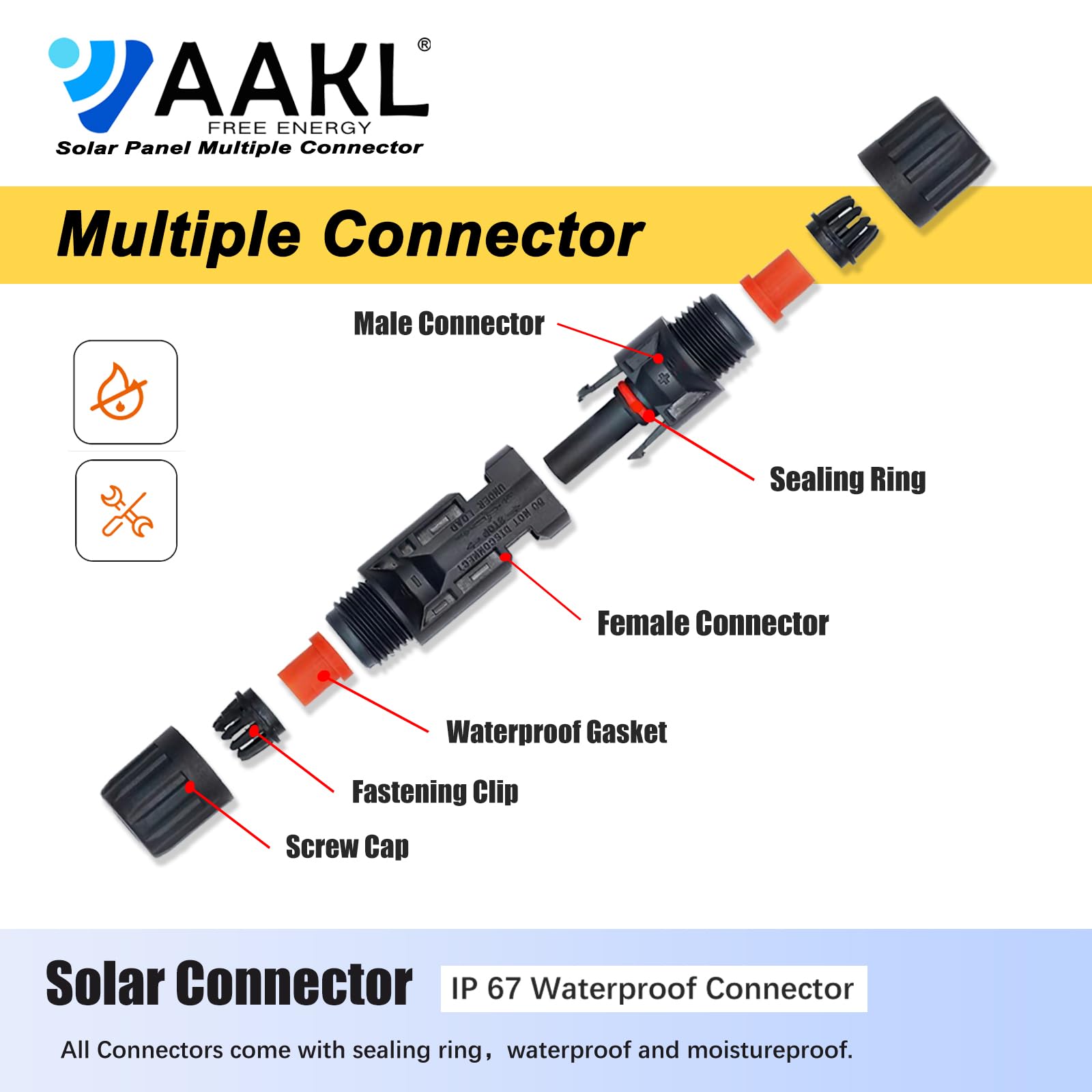 AAKL 20Pairs Solar Panel Connector IP67 Waterproof Solar Power Cable Connectors 1000V 30A 10AWG/12AWG Male/Female Plug with 2PCS Spanners (20 Pairs)