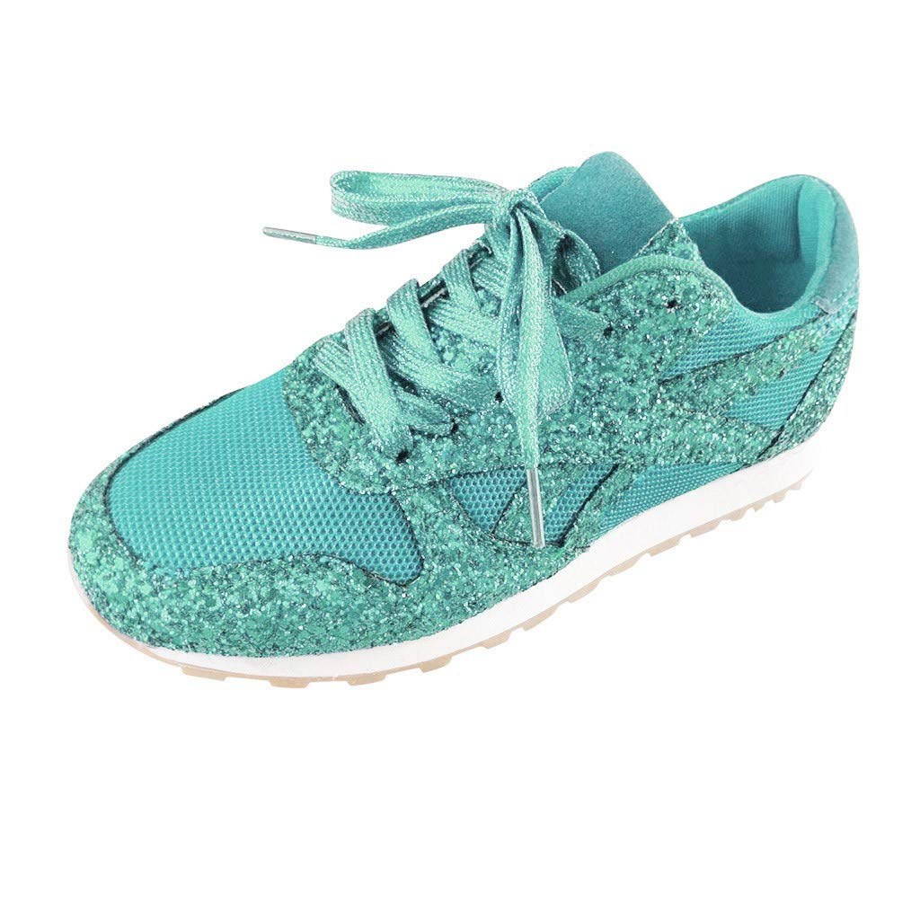 Women's Fashion Casual Breathable Crystal Bling Lace Up Sport Shoes Sneakers for Women Glitter Tennis Sneakers Comfy Sparkly Rhinestone Bling Running Shoes Shiny Sequin Flat Shoes Sky Blue