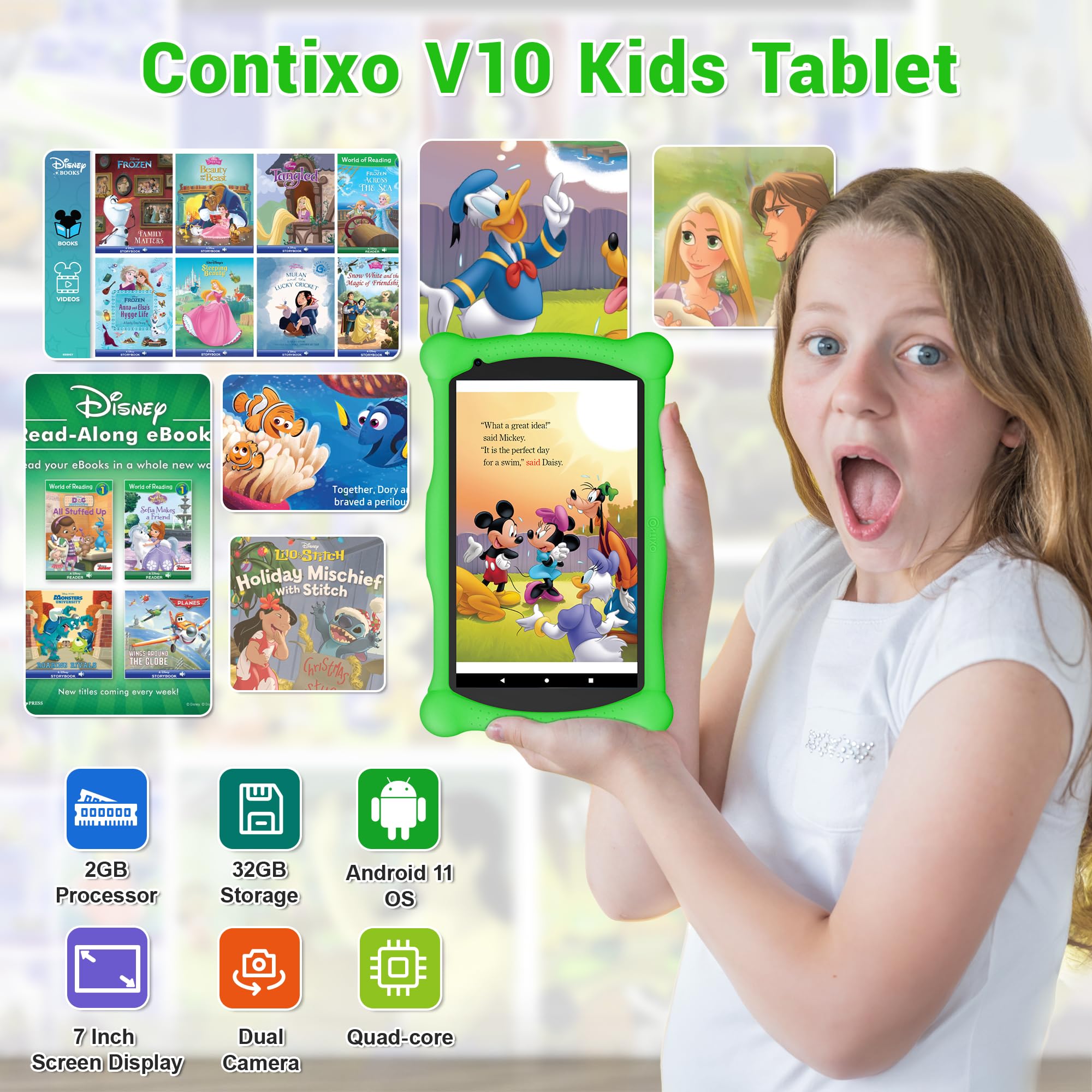 Contixo Kids Tablet V10, 7-inch HD, Ages 3-7, Toddler Tablet with Camera, Parental Control, 32GB,WiFi, Learning Tablet for Children with Teacher's Approved Apps, Kid-Proof Case & Stylus, Green