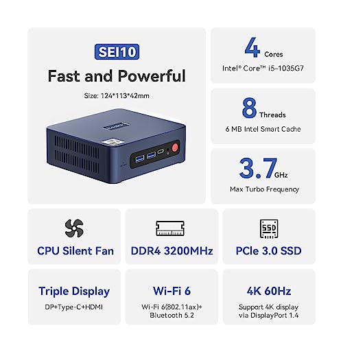 Beelink SEi10 Mini PC, Intel i5-1035G7(Up to 3.7 GHz) Mini Computers, 16GB RAM 1TB PCIe3.0 SSD, Dual Type-C Ports Desktop PC with 4K@60HZ Triple Display DP&HDMI&Type-C/WiFi6/BT5.2/1000M LAN/USB3.2