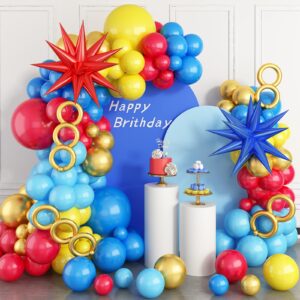 balloon arch kit, red blue yellow balloons garland kit with explosion star foil balloons for cartoon hedgehog carnival circus theme birthday party baby shower decorations