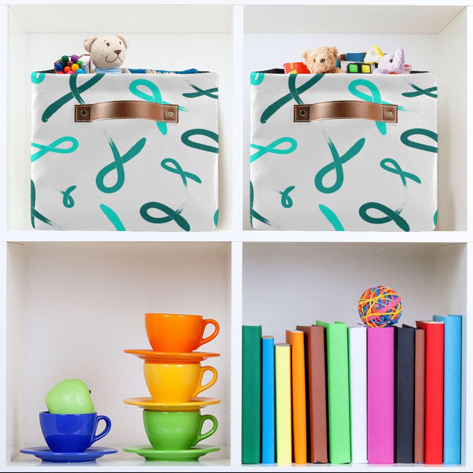 Teal Ribbon Painted Ovarian Cancer Storage Basket Foldable Large Closet Organizer Storage Containers for Office Closet Shelves, 1 Pack