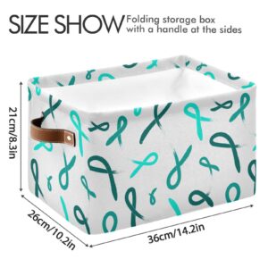 Teal Ribbon Painted Ovarian Cancer Storage Basket Foldable Large Closet Organizer Storage Containers for Office Closet Shelves, 1 Pack