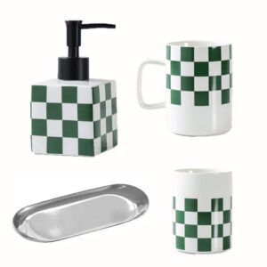 utoya durable bathroom accessory set,4 pcs checkerboard bathroom vanity countertop décor-soap dispenser,toothbrush holder,mouthwash cup,tray replacement