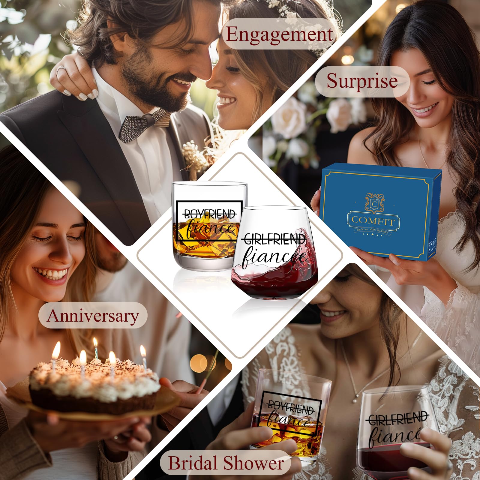 comfit Engagement Gifts for Couples - Fiance Fiancee Engagement Gift Wine Whiskey Glass, Engaged Gifts for Boyfriend,Girlfriend,Couples Newly Engaged