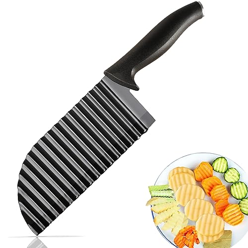 HAWOWZ Crinkle Cutter for Veggies Potatoes, Crinkle Knife for Salad Chopping Cucumber Carrot Fruit, Wave Knife Stainless Steel French Fry Slicer