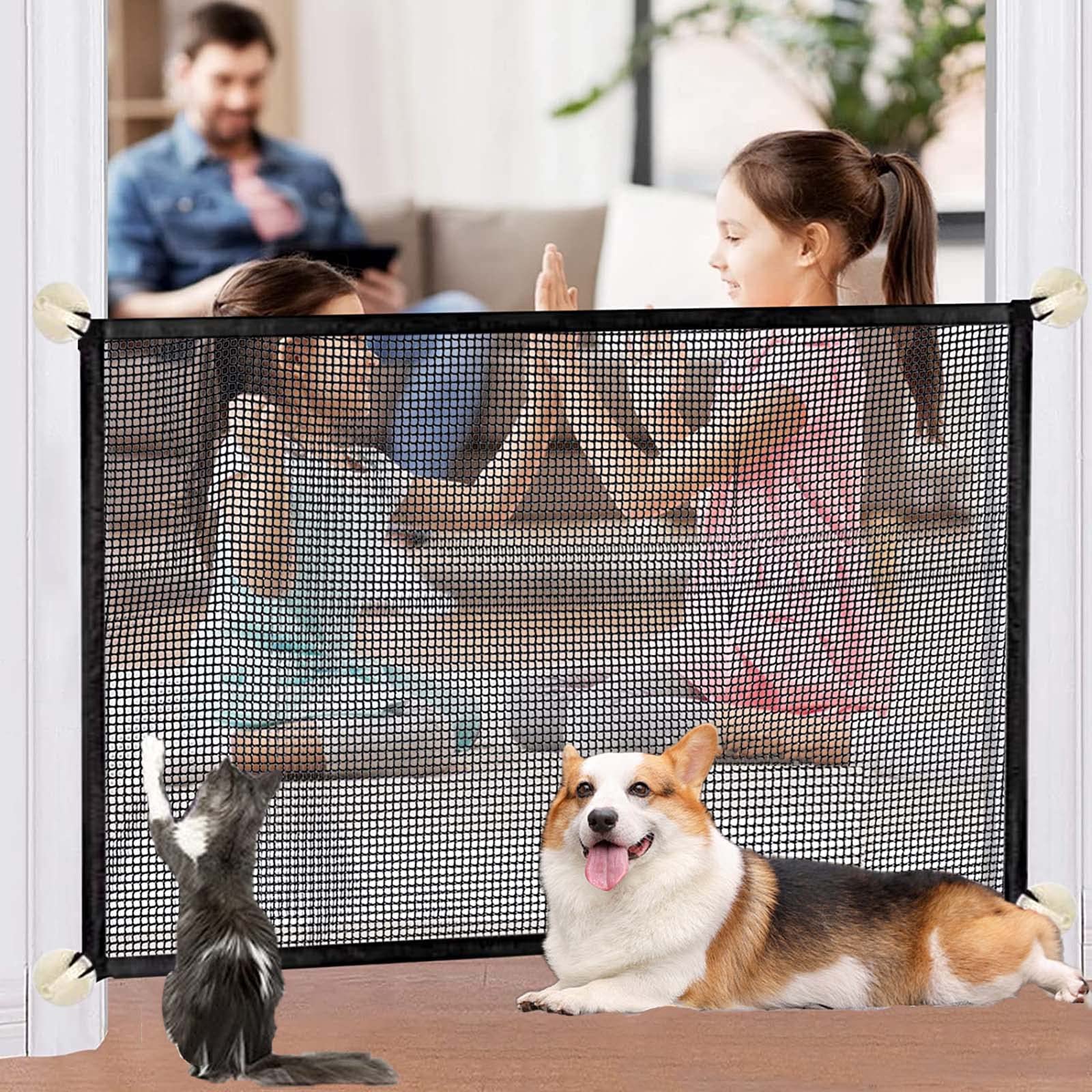 Portable Mesh Baby Gate 43.3"x30.9",Black Mesh Magic Pet Dog Gate for Stairs/Doorways/Hallways Easy-Install Child's Safety Gates Folding for Indoor and Outdoor Safety Gate Install Anywhere for Dogs