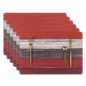 u'artlines retro rustic wood texture placemats set of 6,stain resistant waterproof table mats trivets for hot dishes washable rubber heat resistant placemat for kitchen dining table decoration,red
