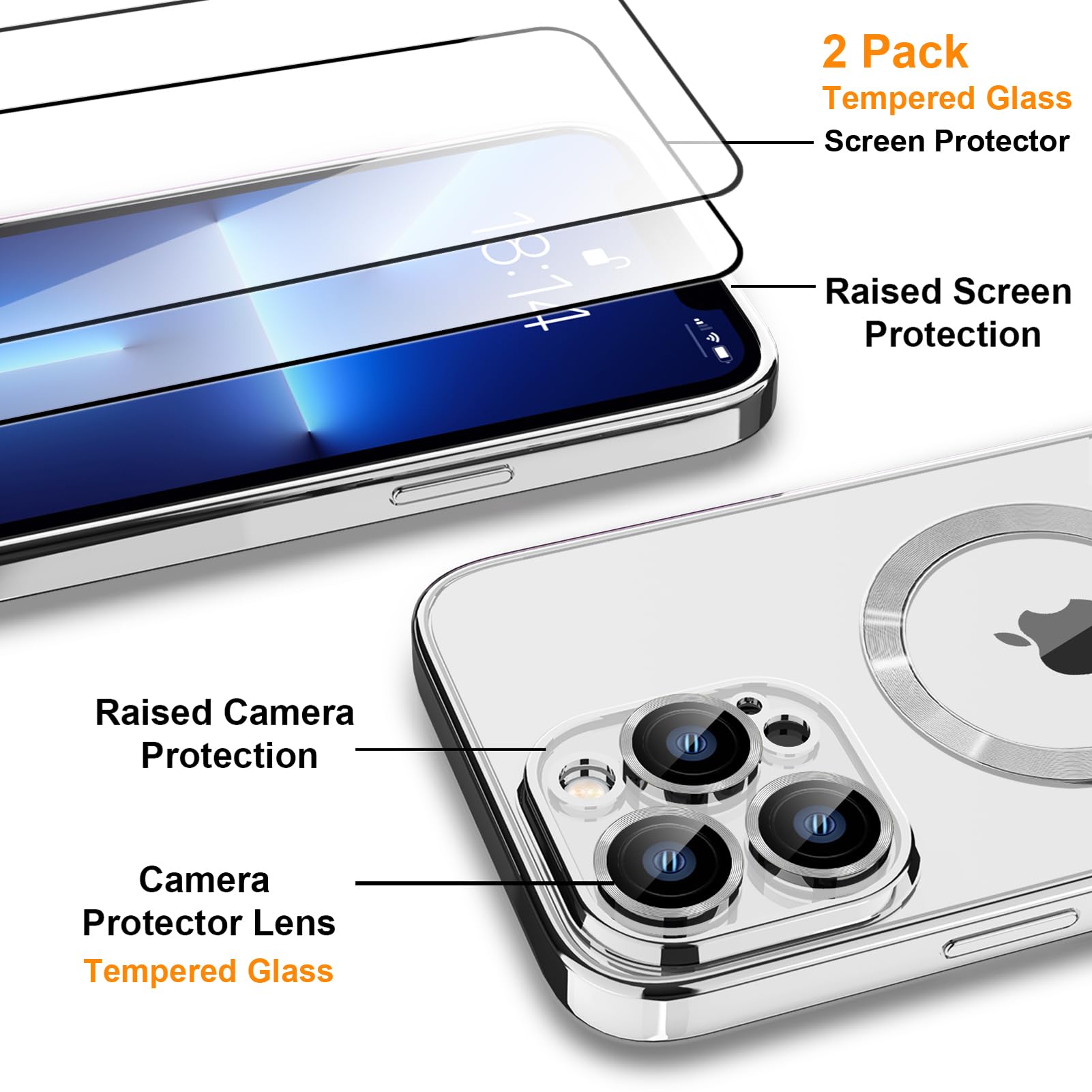 XSINOLI for iPhone 13 Pro Phone Case Magsafe, Magnetic Clear Case with Screen Protector and Camera Cover, Transparent Electroplated Case for Women/Girl/Men (Silver)