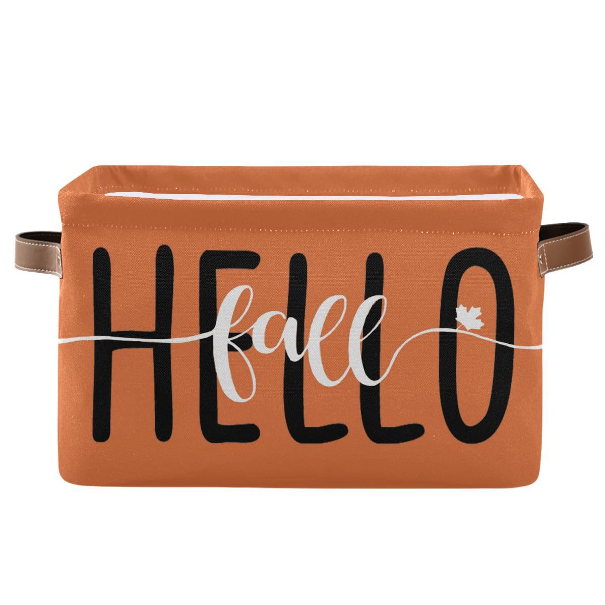 Hello Fall Orange Storage Basket Fabric Kitchen Baskets Autumn Pumpkin Open Home Storage Bins Boxes Foldable Organizer Bag for Baby Cloth Pet Toy Book Shelf Closet Baskets 16×12×8 Inches