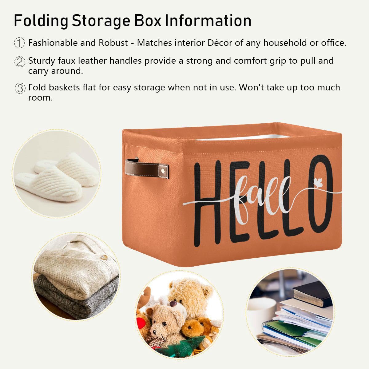 Hello Fall Orange Storage Basket Fabric Kitchen Baskets Autumn Pumpkin Open Home Storage Bins Boxes Foldable Organizer Bag for Baby Cloth Pet Toy Book Shelf Closet Baskets 16×12×8 Inches