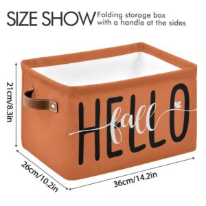 Hello Fall Orange Storage Basket Fabric Kitchen Baskets Autumn Pumpkin Open Home Storage Bins Boxes Foldable Organizer Bag for Baby Cloth Pet Toy Book Shelf Closet Baskets 16×12×8 Inches