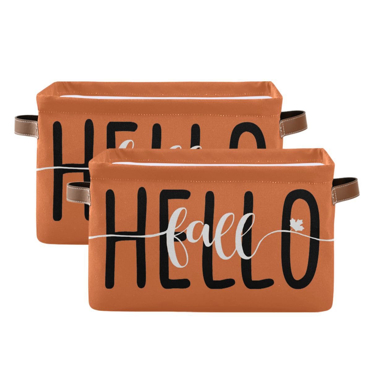 Hello Fall Orange Storage Basket Fabric Kitchen Baskets Autumn Pumpkin Open Home Storage Bins Boxes Foldable Organizer Bag for Baby Cloth Pet Toy Book Shelf Closet Baskets 16×12×8 Inches