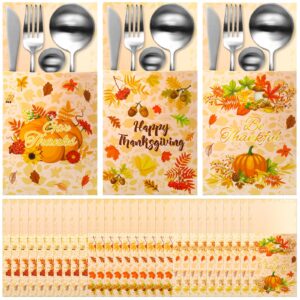 zhanmai 48 pieces thanksgiving cutlery holder with give thanks maple leaf cutlery silverware holder paper pocket set thanksgiving utensil holder for autumn harvest party table decorations, 3 styles