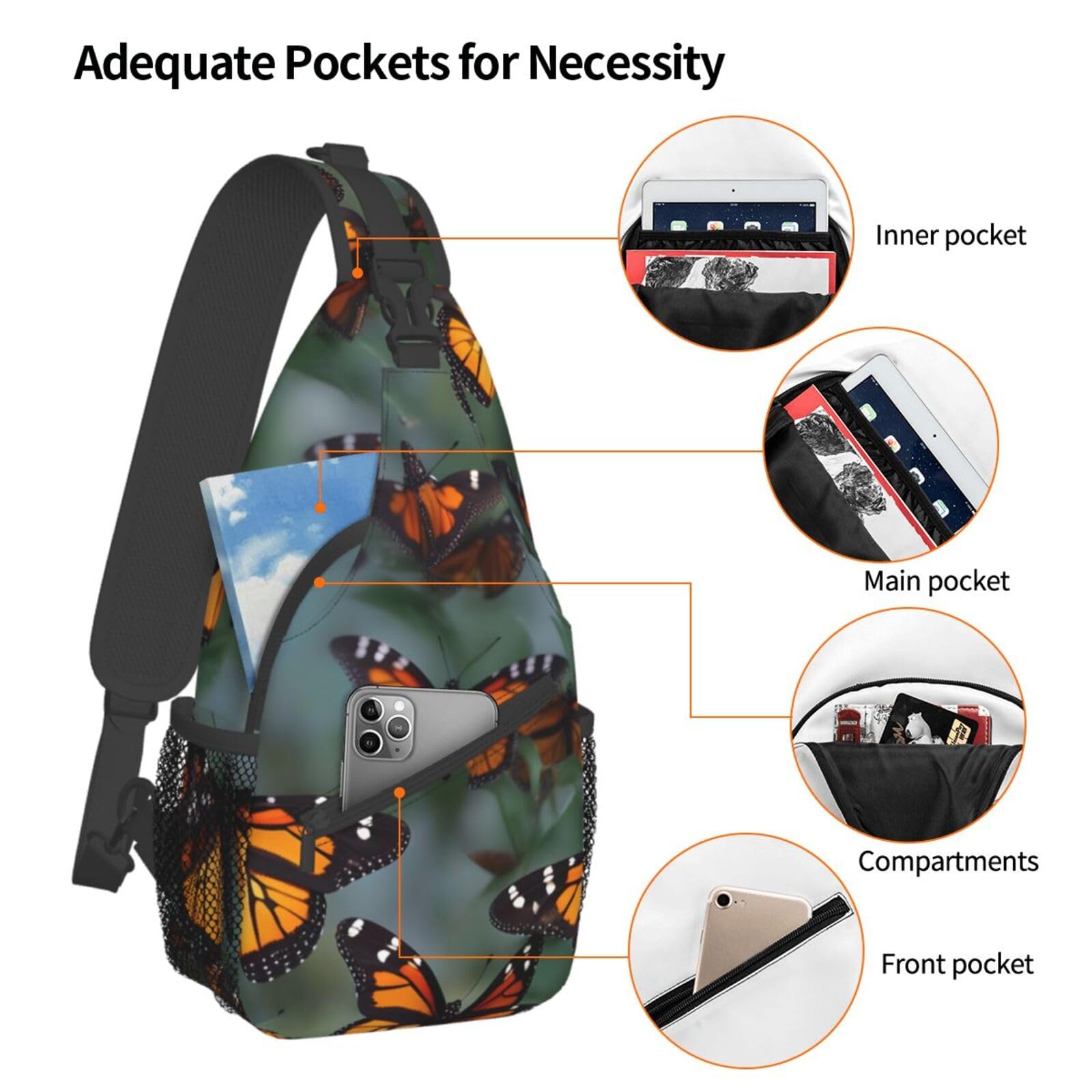 Monarch butterflies print Sling Backpack Man Woman Multipurpose Chest Bag Travel Daypack Cross Body Bag