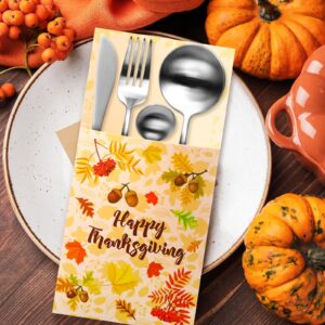 Zhanmai 48 Pieces Thanksgiving Cutlery Holder with Give Thanks Maple Leaf Cutlery Silverware Holder Paper Pocket Set Thanksgiving Utensil Holder for Autumn Harvest Party Table Decorations, 3 Styles