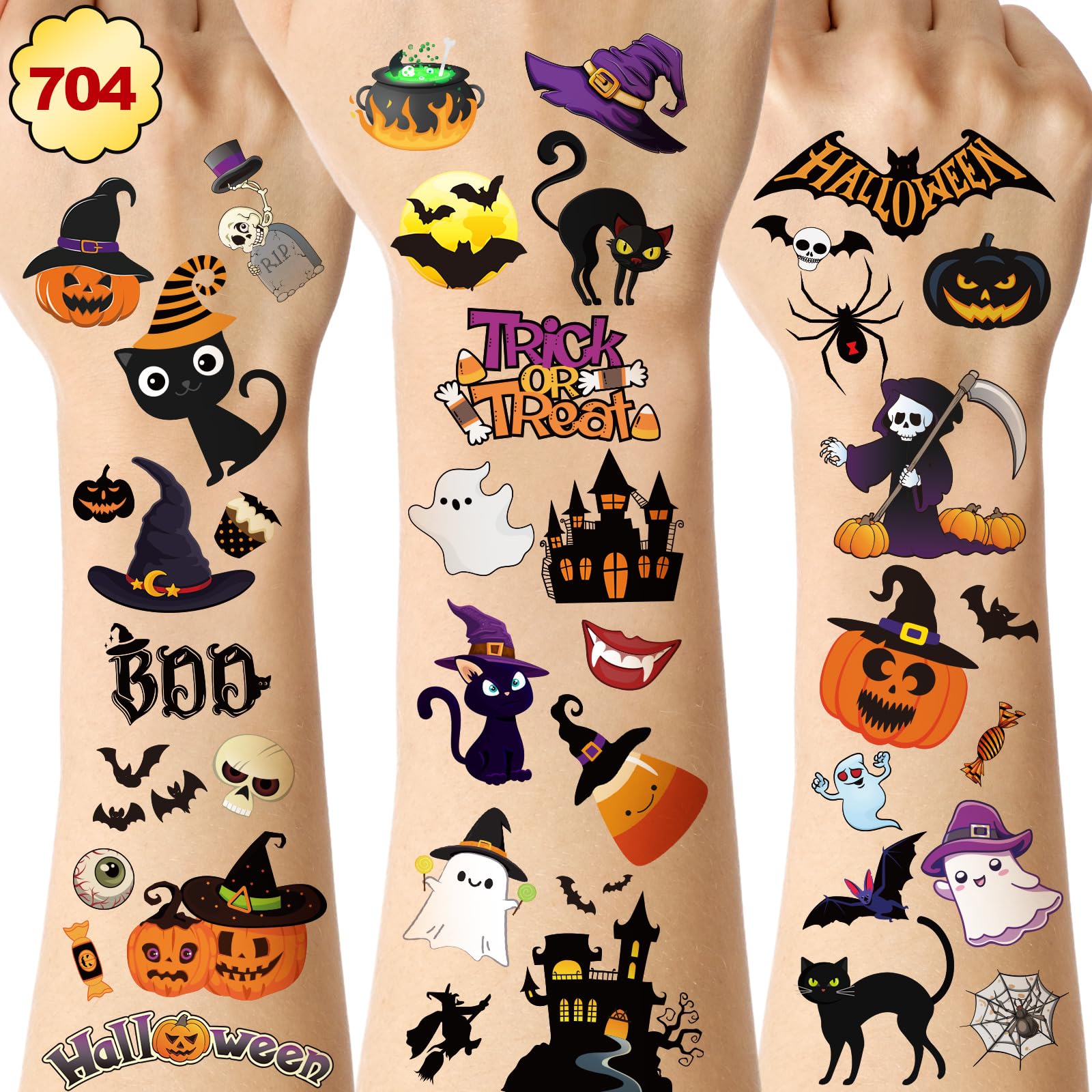 704 Pieces Halloween Temporary Tattoos for Kids, Children Fake Tattoos Stickers Party Supplies, Pumpkin Lantern Ghost Vampire Tattoo Body Sticker Halloween Party Themed Accessory Decorations