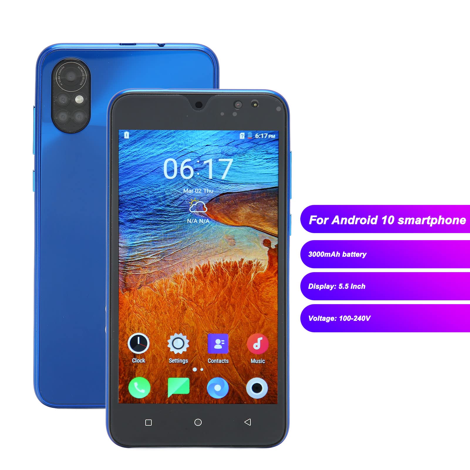 ANGGREK Nowa8 Pro 5.5 Inch Smartphone Android 10 4GB RAM 32GB ROM 16MP Rear 8MP Front Camera 100‑240V (Blue)