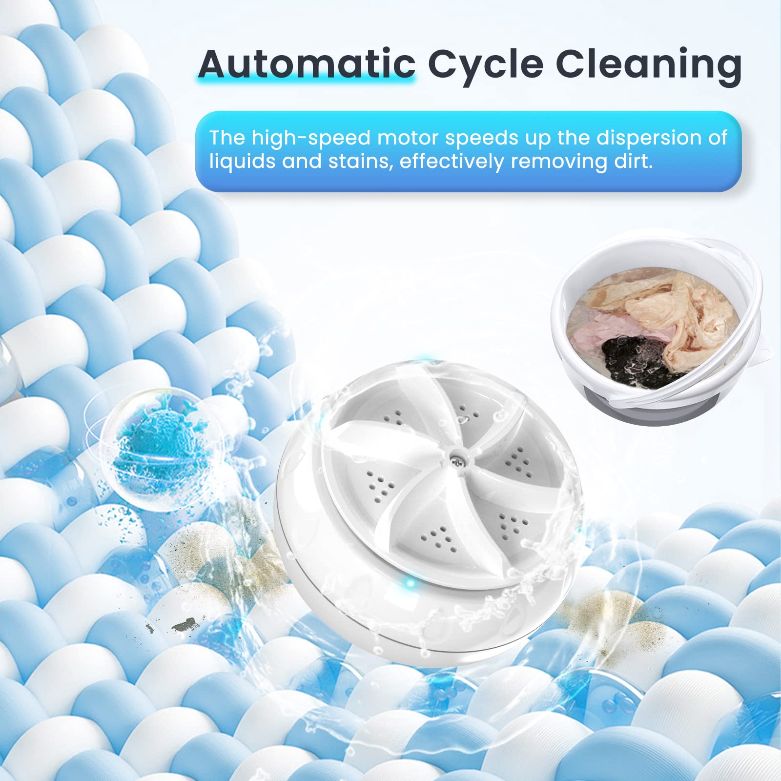 Portable Washing Machine, Compct Mini Washer for Camping with 5L Foldable Laundry Tub, Ultrasonic Turbine Washer for RV Travel Camping Apartment Baby Clothes Underwear Socks Towels