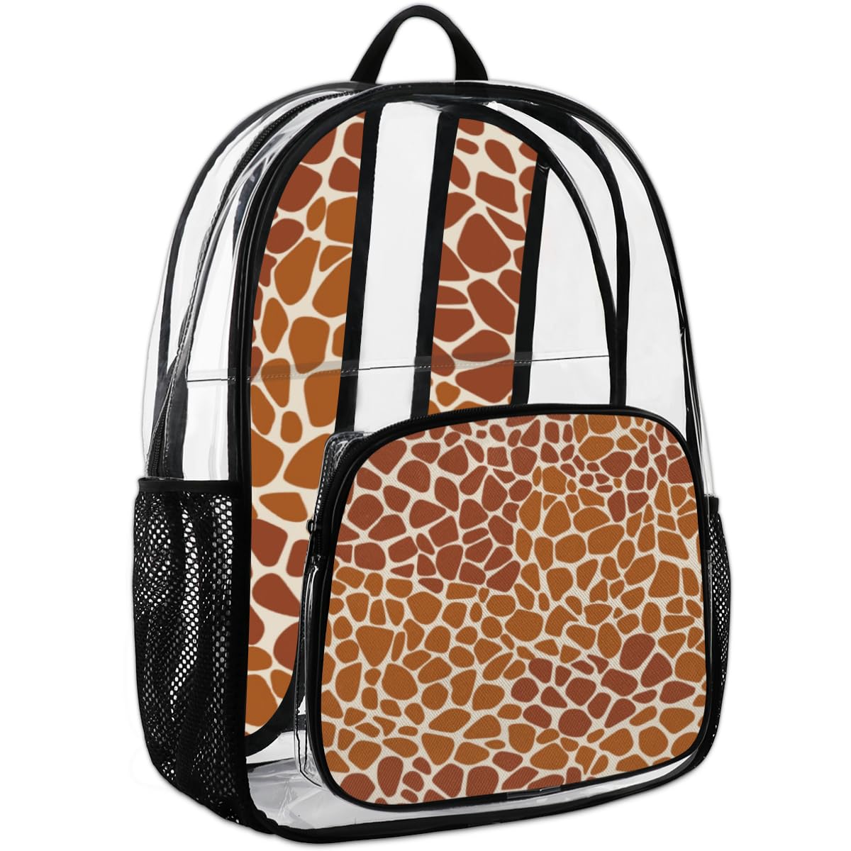 Mularoka Abstract Giraffe Print Brown Clear Backpack with Reinforced Padded Straps Heavy Duty PVC Transparent Backpack See Through Casual Day Packs