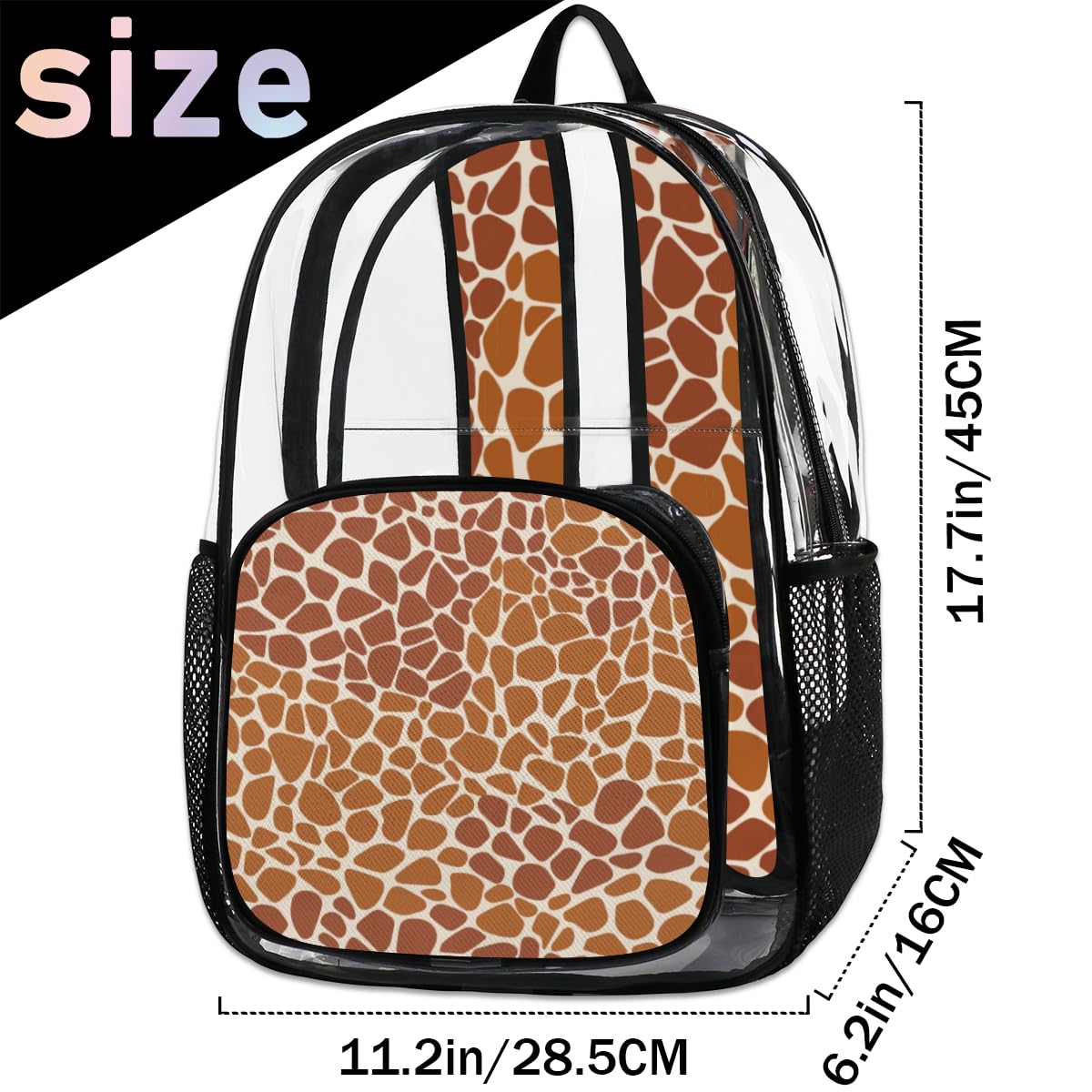 Mularoka Abstract Giraffe Print Brown Clear Backpack with Reinforced Padded Straps Heavy Duty PVC Transparent Backpack See Through Casual Day Packs