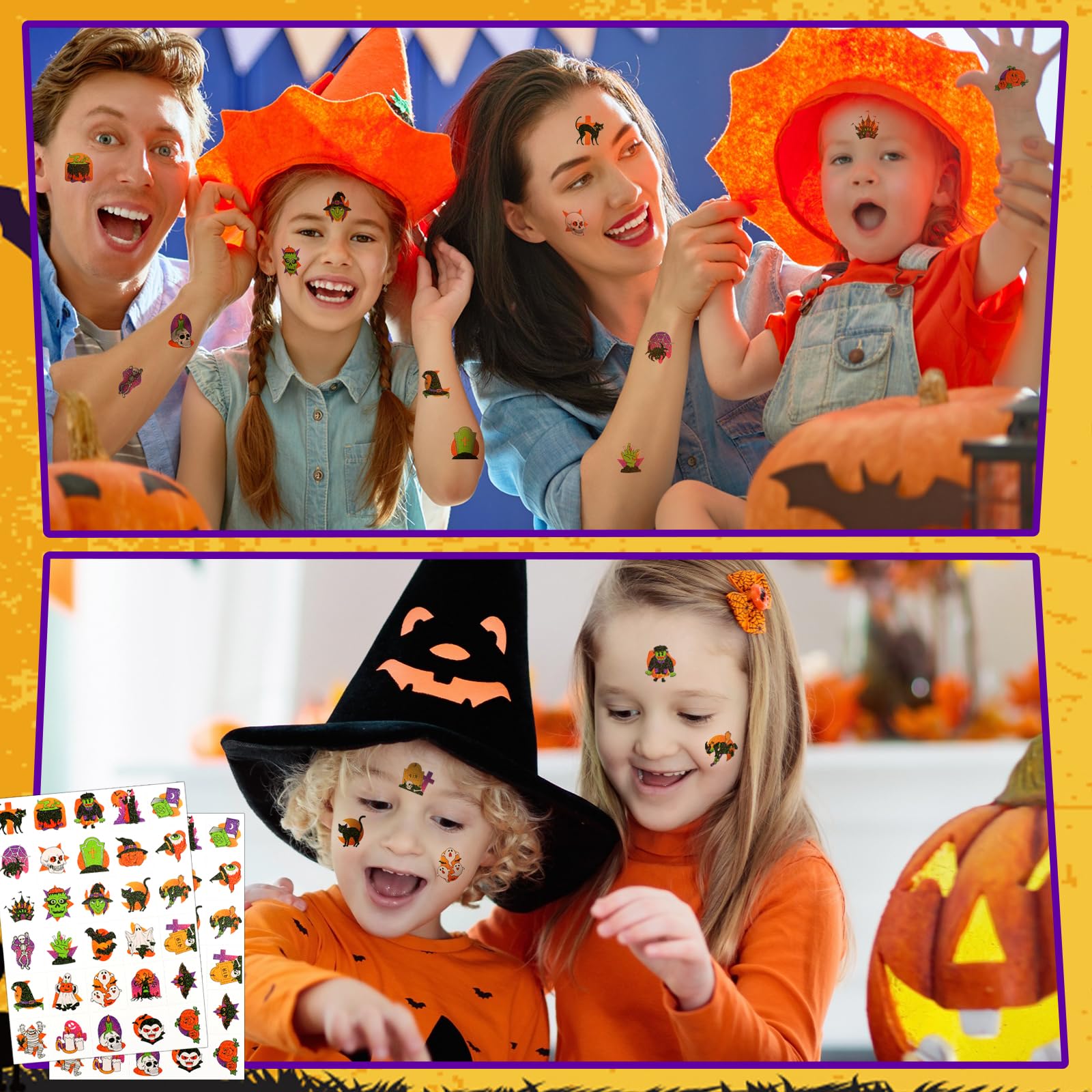 Libima 300 Pcs Halloween Glitter Tattoos for Kids Halloween Party Costume Accessory Glitter Temporary Tattoos Body Stickers Glitter Pumpkin Witch Hat Ghost Cat Skull Body Face Tattoos Stickers