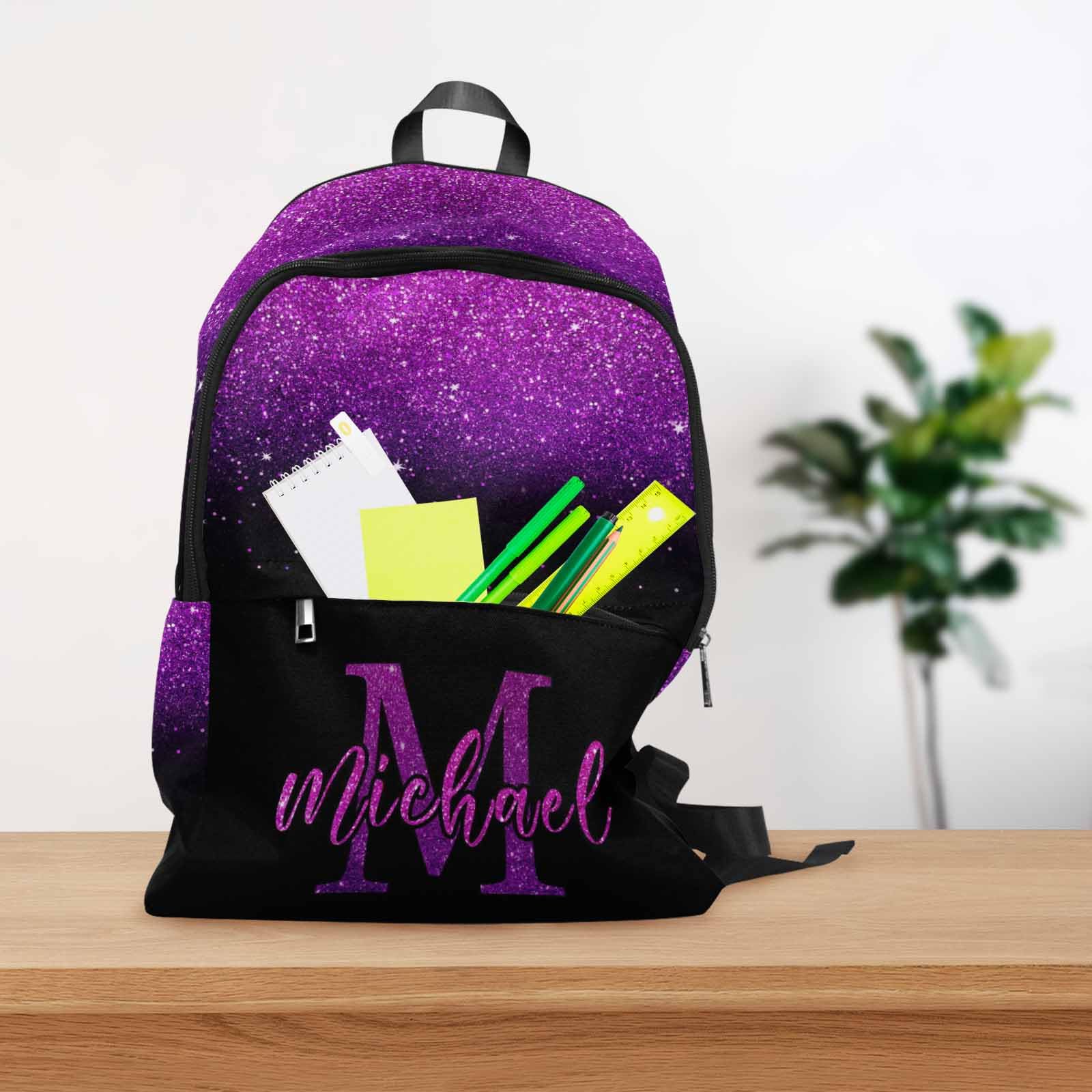 MyPupSocks Personalized School Backpack for Daughter from Mom, Custom Purple Shining Glitter Stars Casual Daypacks Customized Travel Book Bag with Name Knapsack Schoolbag for Teens Boys Girls College