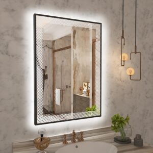 lusabe 20x28 black framed led bathroom mirror with frontlit and backlit, lighted vanity mirror for wall, double lighting 3 colors dimmable, anti-fog, tempered glass shatter-proof (horizontal/vertical)