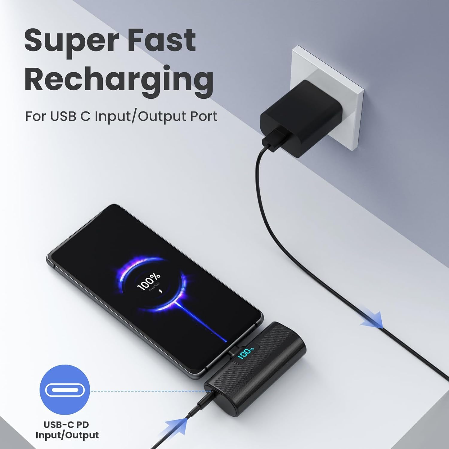 Small Portable Charger 5200mAh,Upgraded PD USB C Power Bank Built-in USB-C Connector,LCD Display Battery Pack,Compatible with iPhone 15/15 Plus/15 Pro/15 Pro Max/iPad Pro/Samsung Android Phone etc