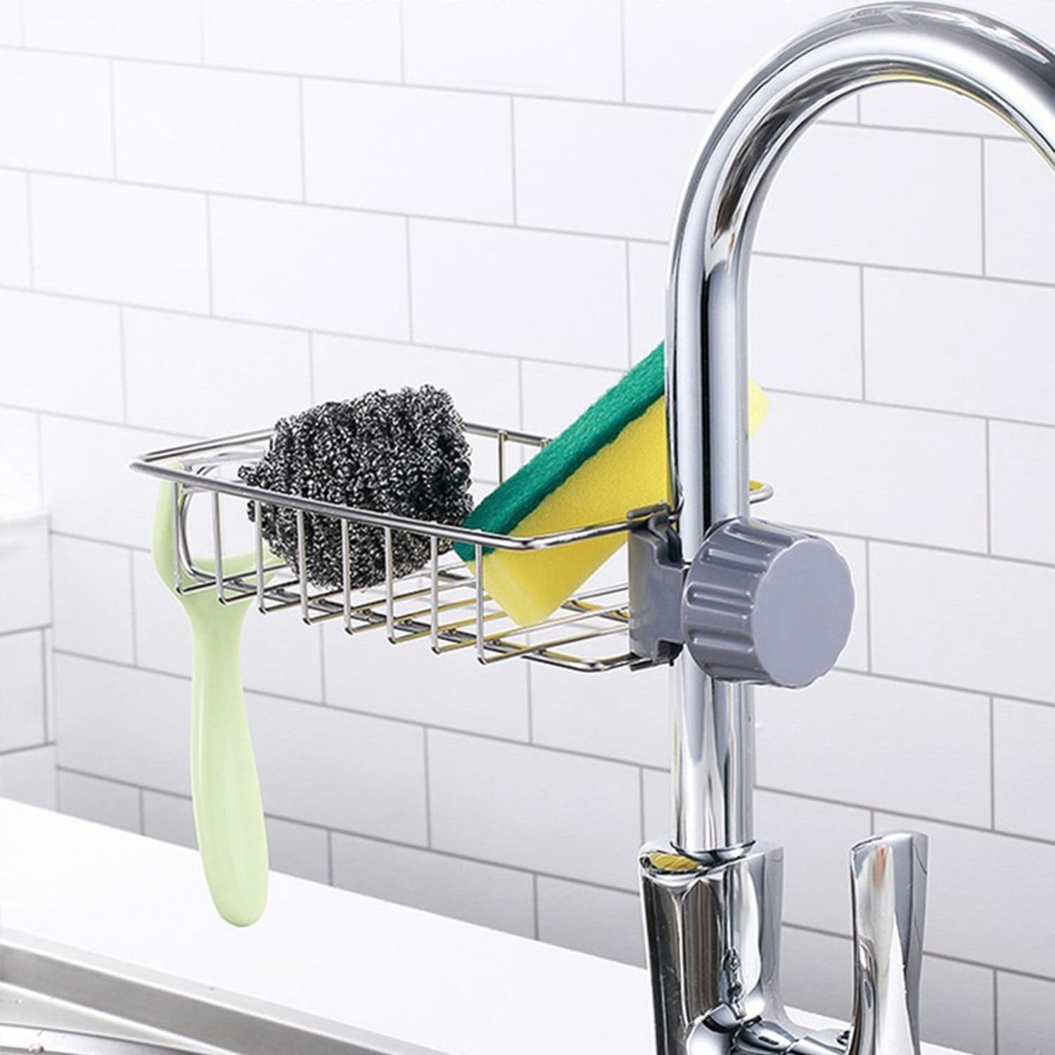 HyStarsigo Sponge Holder for Kitchen Sink, Adjustable Detachable Sponge Holder Over Faucet, Stainless Steel Faucet Rack for Kitchen, Sink Caddy Sponge Holder, Kitchen Sink Organizer