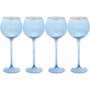 vikko wine glasses, 17 ounce blue wine glass with gold rim, set of 4 stemmed wine glasses for red and white wine, colored wine glasses, glasses for wine