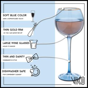 Vikko Wine Glasses, 17 Ounce Blue Wine Glass with Gold Rim, Set of 4 Stemmed Wine Glasses for Red and White Wine, Colored Wine Glasses, Glasses for Wine