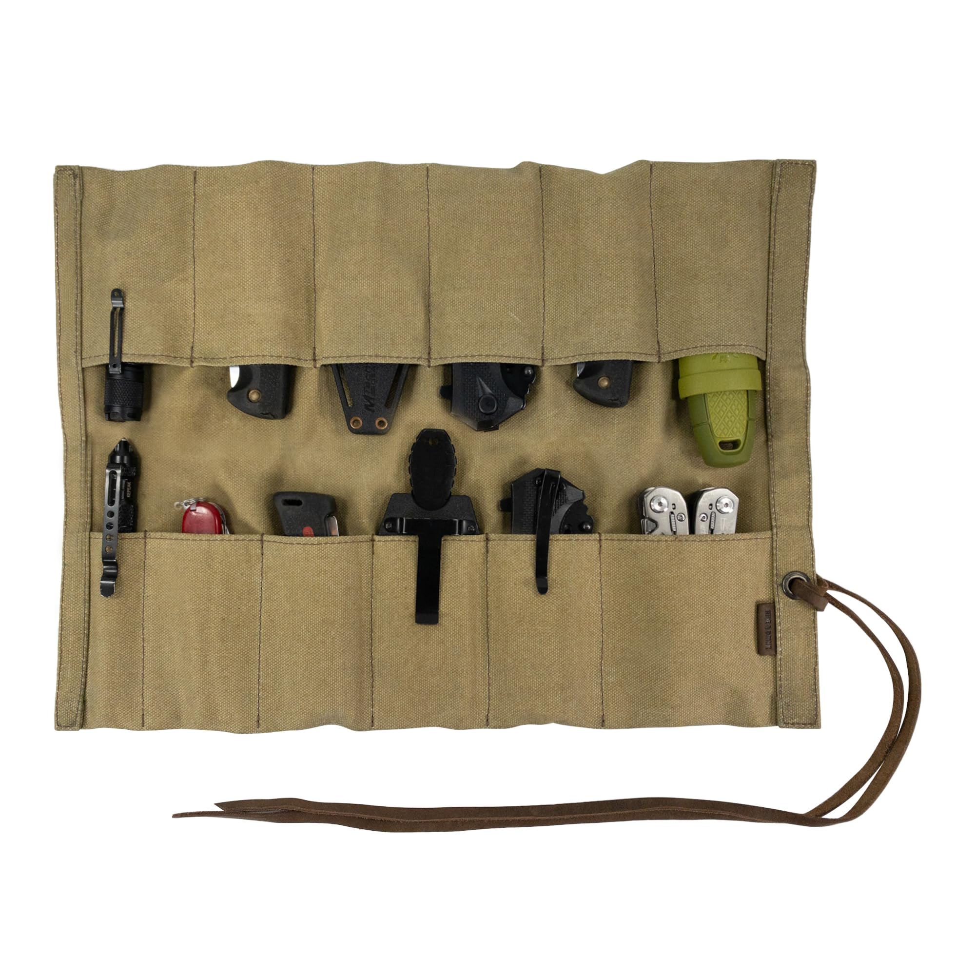 Hide & Drink, Tactical Hunting Knife Roll with 12 Slots, Rustic Roll for Camping, Outdoor Accessories, Storage for Flashlights and Folding Knives, Waxed Canvas, Handmade