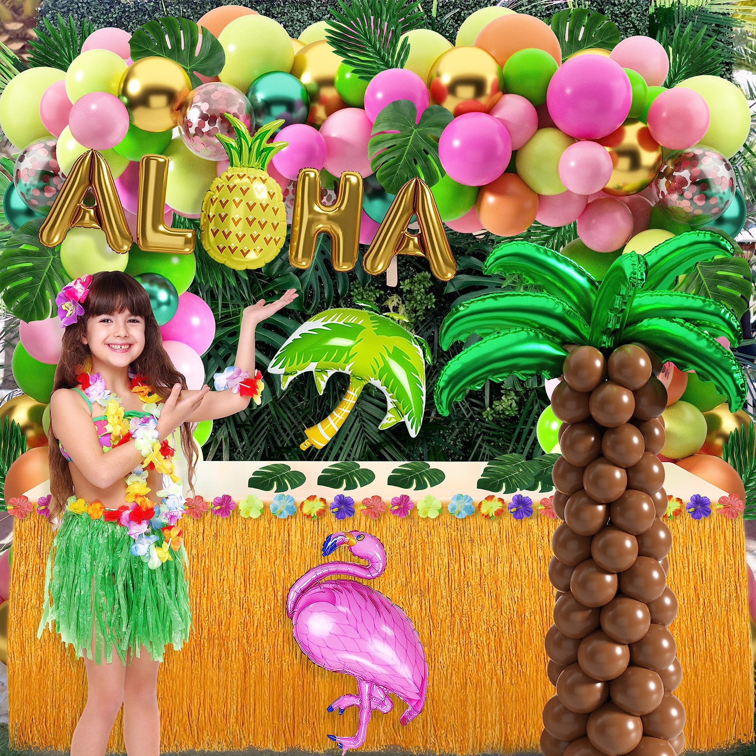 Tropical Luau Balloons Arch Garland Kit Luau Party Decorations with Palm Leaves Flamingo Palm Tree Aloha Foil Balloon Coconut Balloons Set for Tropical Hawaiian Aloha Luau Flamingo Party (Aloha-A)