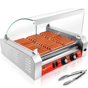 1670w hot dog roller machine/sausage grill with dust cover,stainless steel 11 rollers 30 hot dog roller grill cooker machine with dual temp control and led light/detachable drip tray
