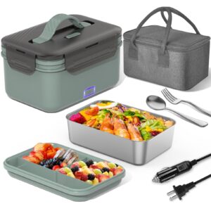 vingud electric lunch box 100w, 4 in 1 heated lunch box for adults, portable heating lunch box for work/car/truck, with 1.8l stainless steel container, 12v 24v 110v 220v, green grey