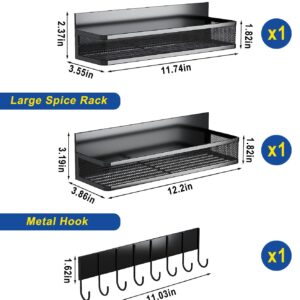 Miyawell Magnetic Spice Rack for Refrigerator, 3 Pack Magnetic Shelf, Fridge Organizer Shelves for Kitchen Organization and Storage, Moveable Space Saver Seasoning Racks with 8 Hooks, Metal&Black