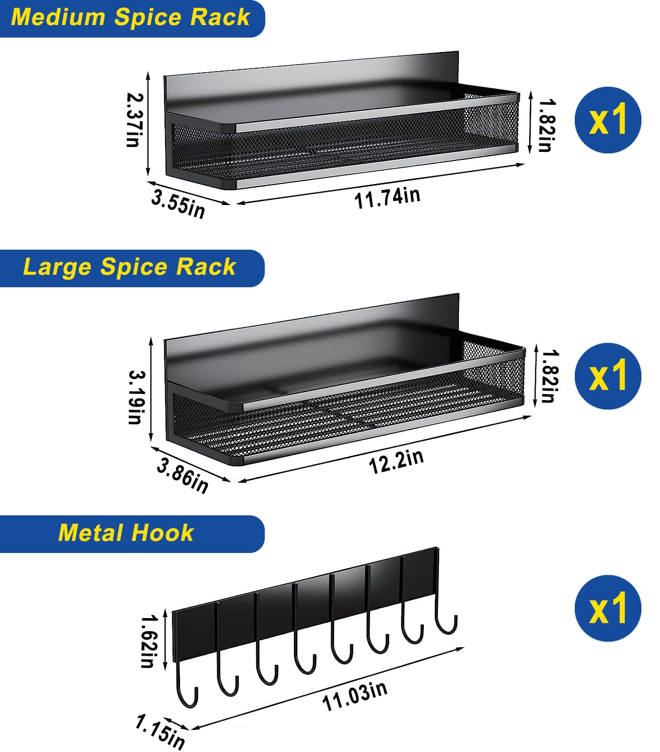 Miyawell Magnetic Spice Rack for Refrigerator, 3 Pack Magnetic Shelf, Fridge Organizer Shelves for Kitchen Organization and Storage, Moveable Space Saver Seasoning Racks with 8 Hooks, Metal&Black